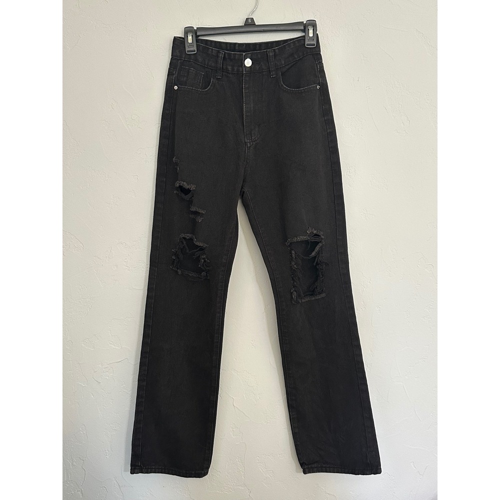 SHEIN Women's Black Distressed Ripped Straight Leg Jeans Size S
